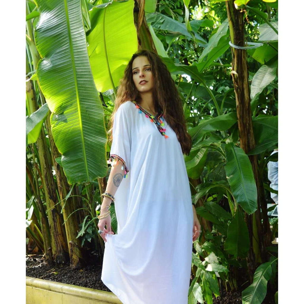 White Maya Tassels Resort Loung Caftan Kaftan - Maison De Marrakech