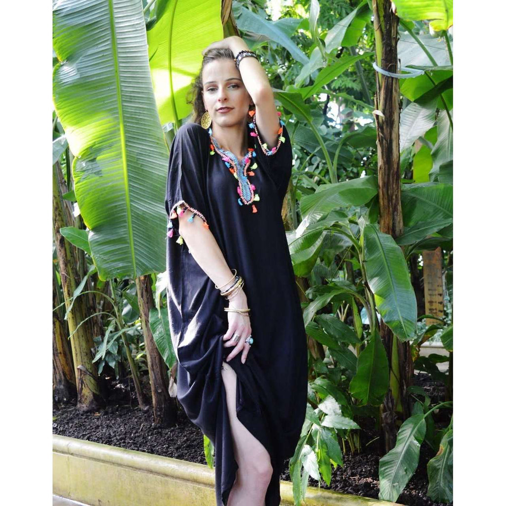 Black Maya Tassels Resort Loung Caftan Kaftan - Maison De Marrakech