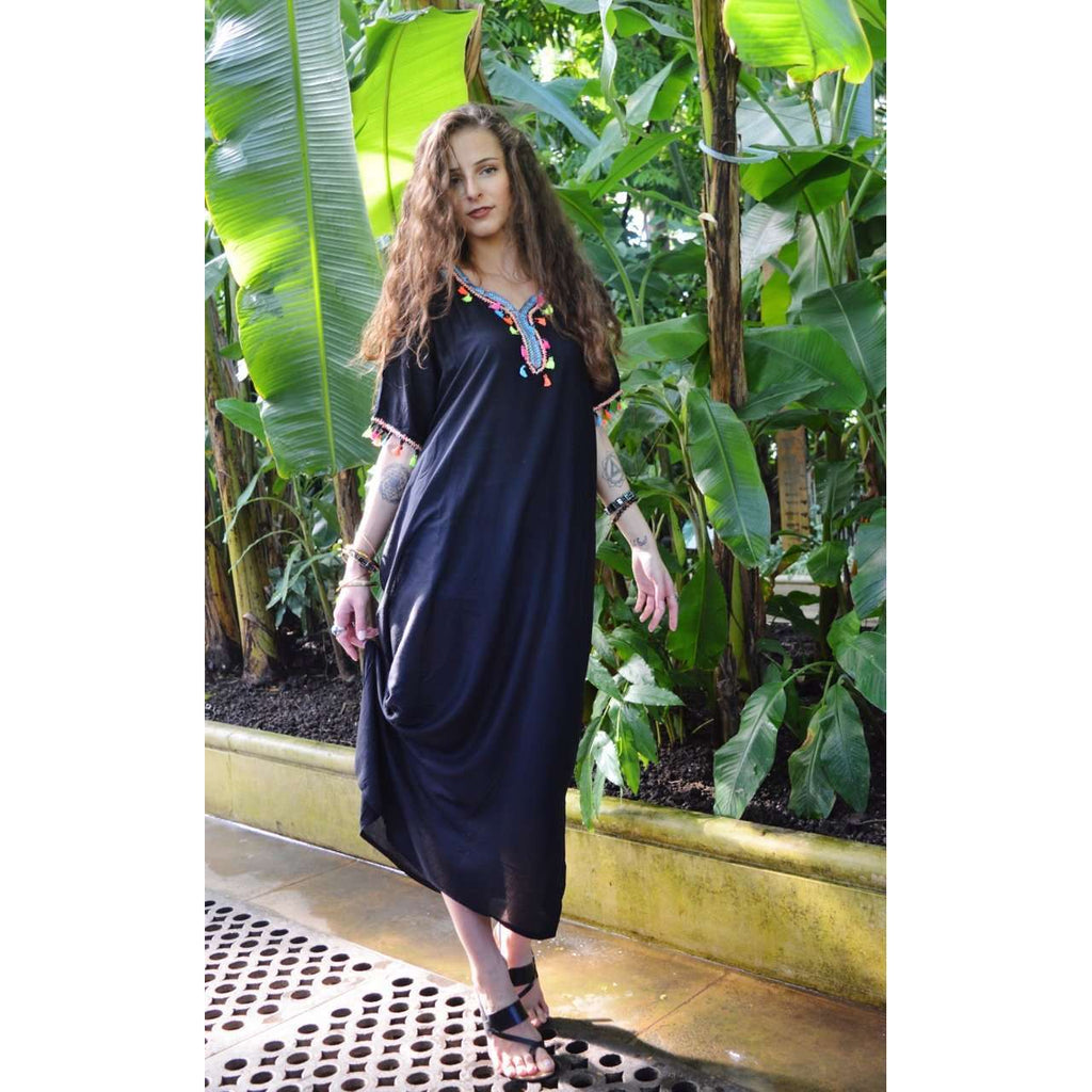 Black Maya Tassels Resort Loung Caftan Kaftan - Maison De Marrakech