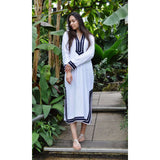 White with Navy Blue Kaftan Mariam Style - Moroccan Kaftan - Maison De Marrakech