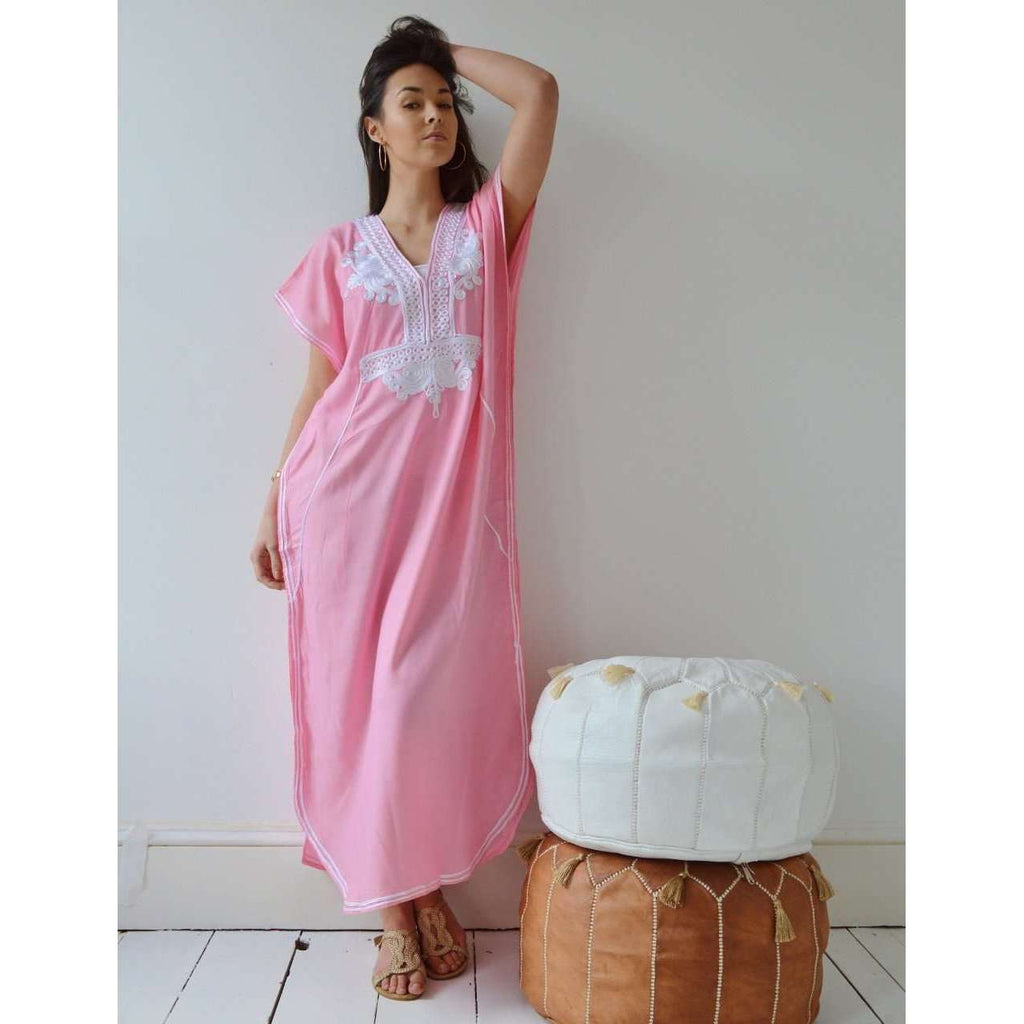 New Pink Marrakech Resort Lounge Wear Caftan Kaftan with White Embroidery-Moroccan Kaftan - Maison De Marrakech