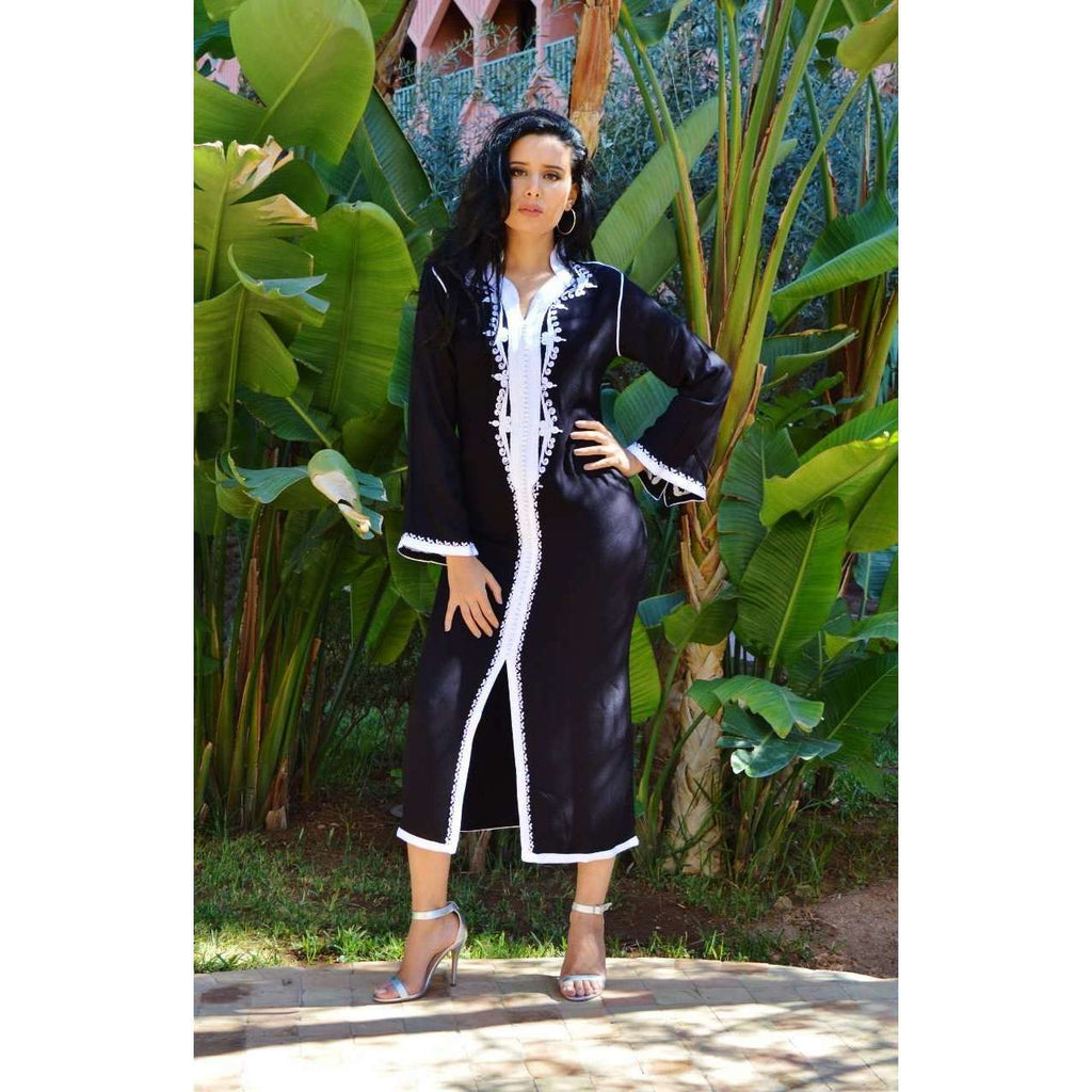 Black with White Kaftan Maxi Dress -Warda Style - Maison De Marrakech
