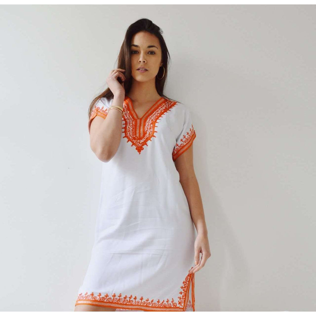 White with Orange Embroidery Tunic Dress-Moroccan Dress - Maison De Marrakech