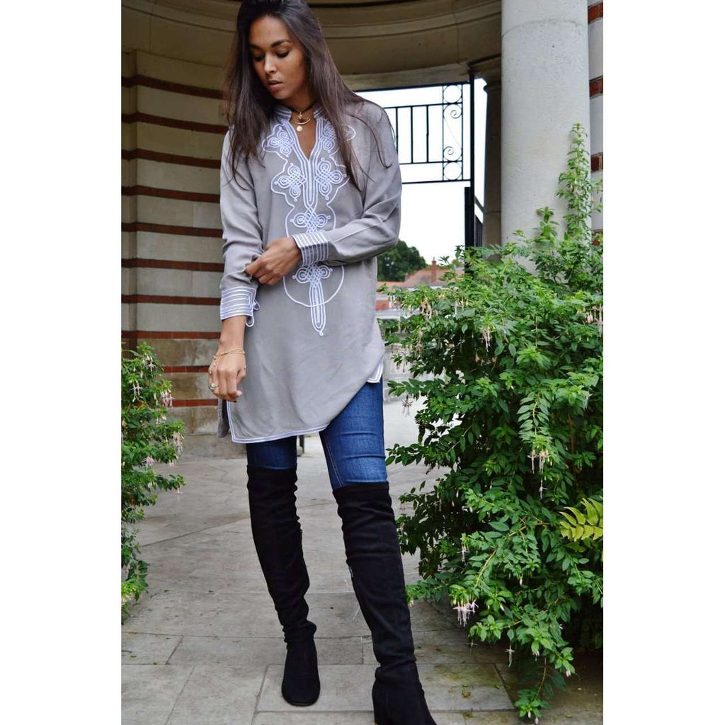 Grey with White Moroccan Tunic Dress - Aisha Style - Maison De Marrakech