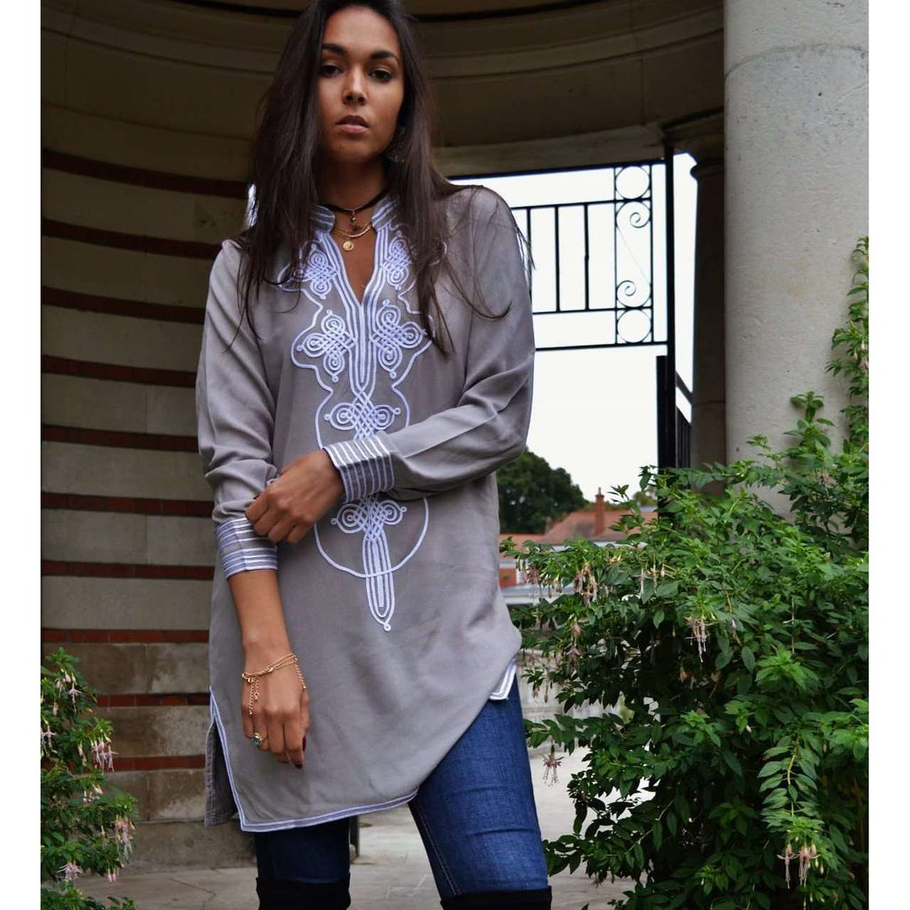 Grey with White Moroccan Tunic Dress - Aisha Style - Maison De Marrakech