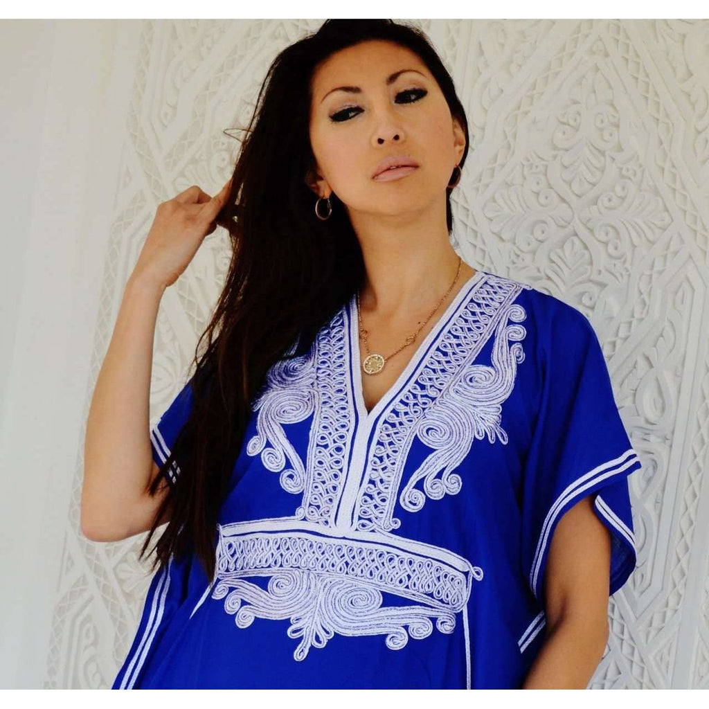 Blue White Embroidery Marrakech Resort Moroccan Kaftan - Maison De Marrakech