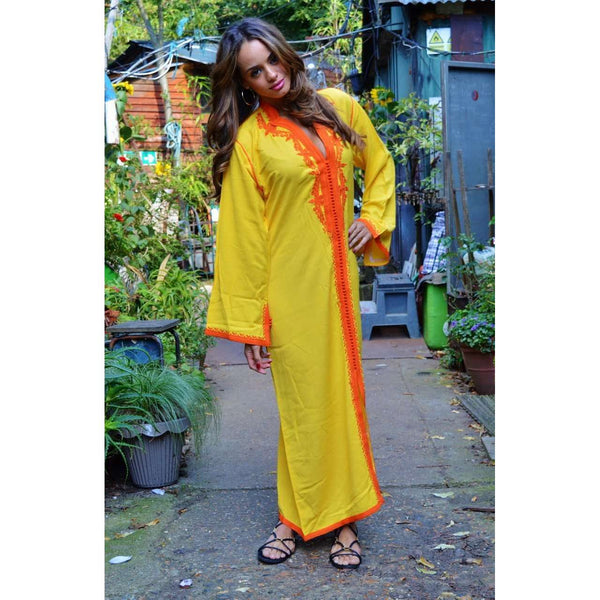 Yellow with Orange Embroidery  Kaftan Maxi Dress -Amira Style - Maison De Marrakech