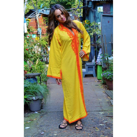 Yellow with Orange Embroidery  Kaftan Maxi Dress -Amira Style - Maison De Marrakech