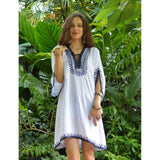 White with Silver Blue Embroidery Nadia Tunic Dress - Moroccan Tunic - Maison De Marrakech