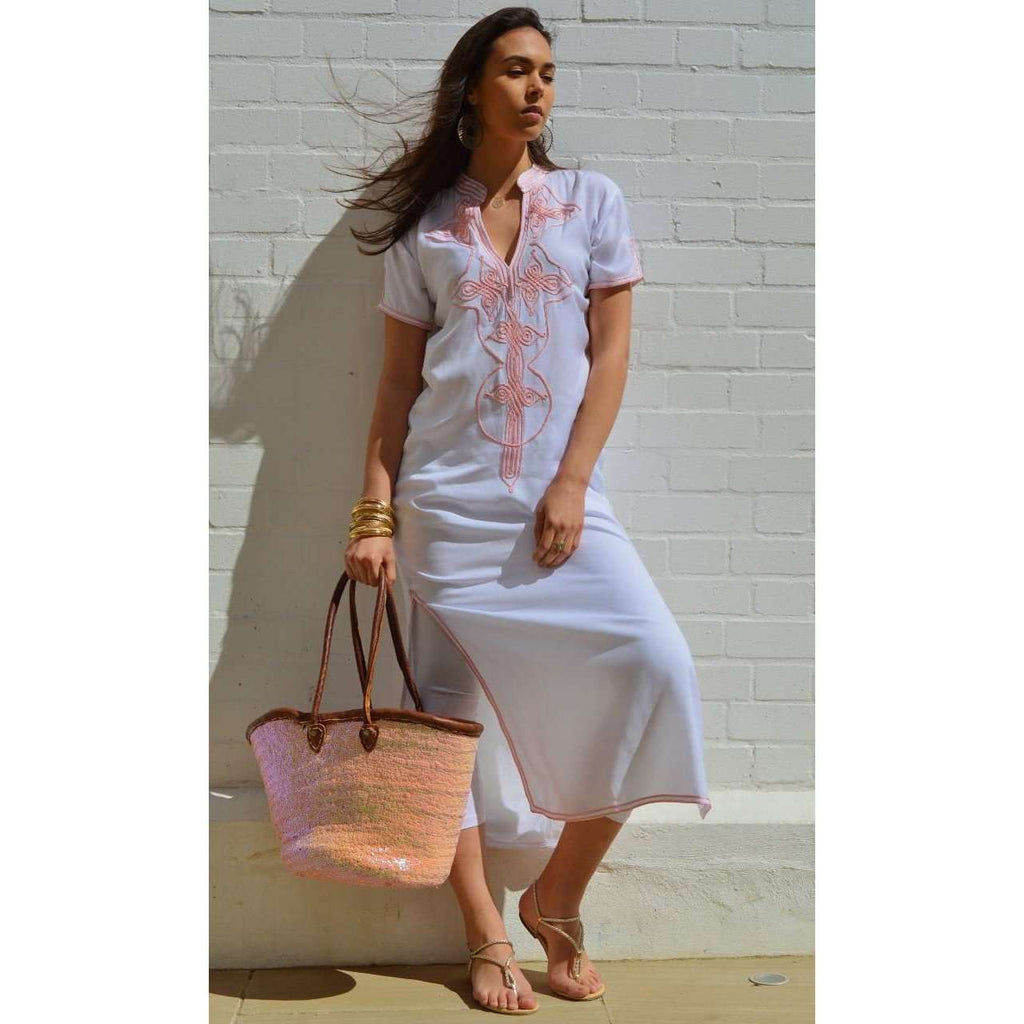 White Aisha Short Sleeve Boho Trendy Kaftan- Moroccan Kaftan - Maison De Marrakech