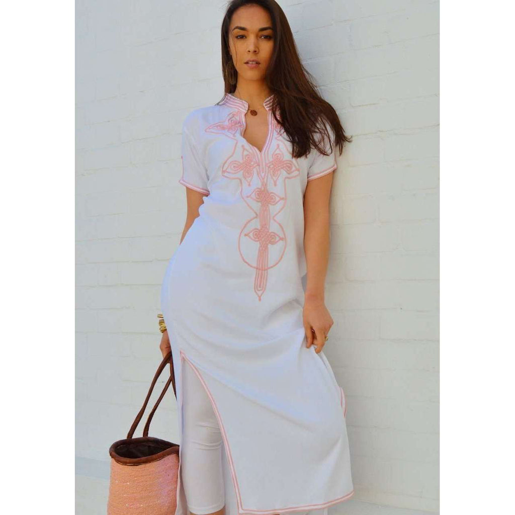 White Aisha Short Sleeve Boho Trendy Kaftan- Moroccan Kaftan - Maison De Marrakech