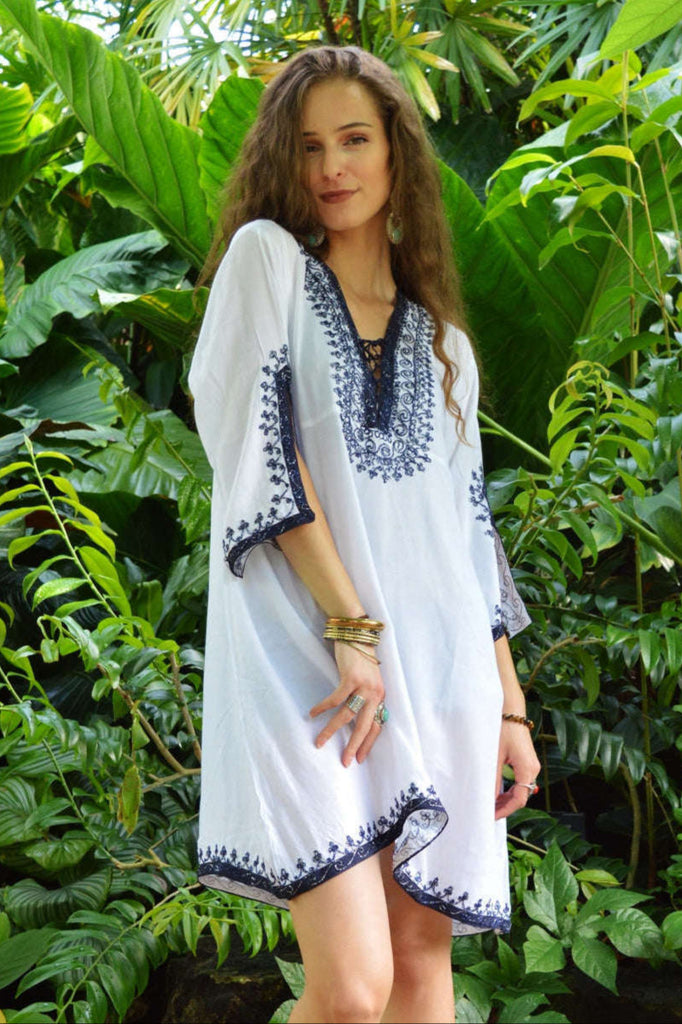 White Navy Blue Embroidery Tunic- Moroccan Bohemian Marrakech Tunic,White Navy Blue Embroidery Tunic- Moroccan Bohemian Marrakech Tunic