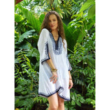 White with Silver Blue Embroidery Nadia Tunic Dress - Moroccan Tunic - Maison De Marrakech