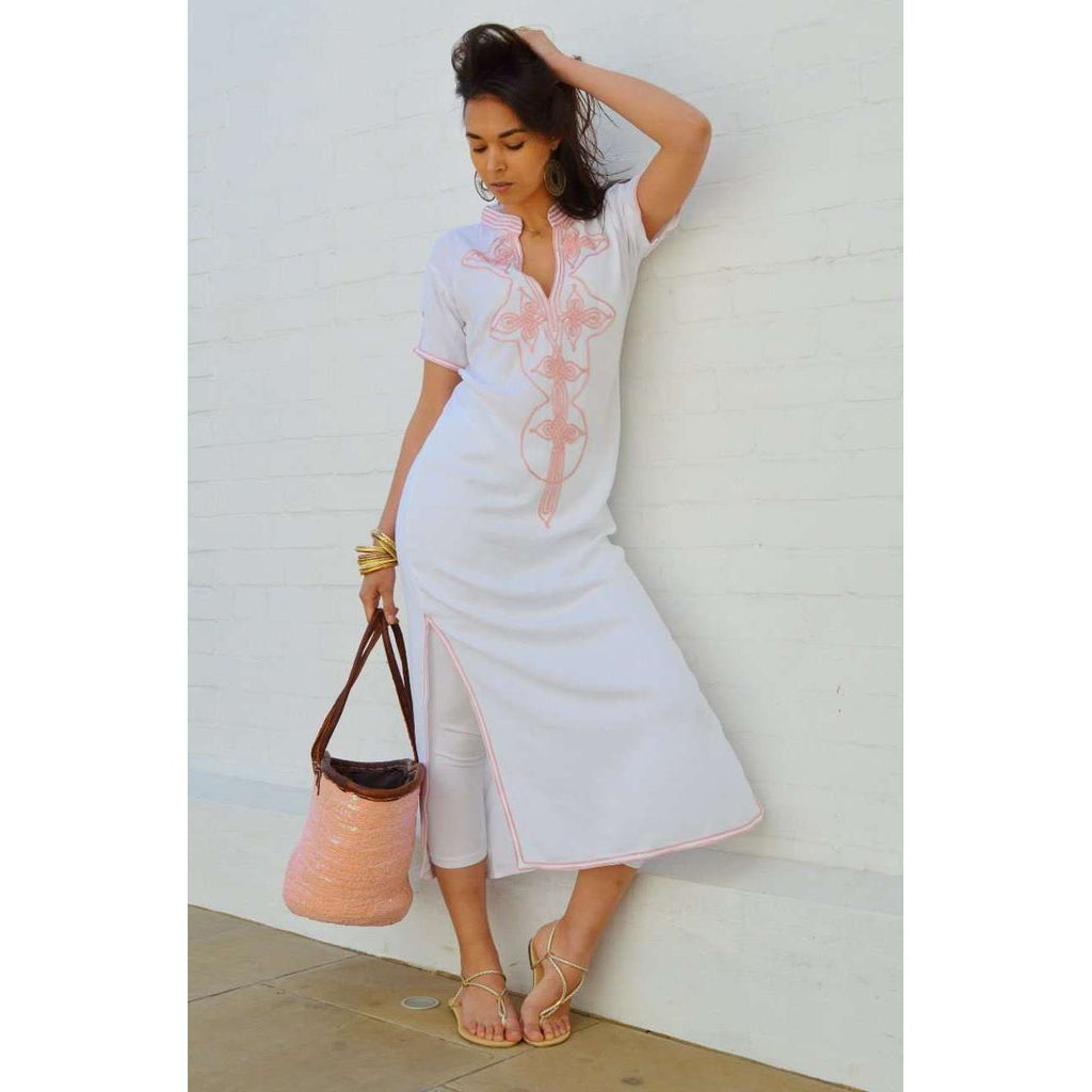 White Aisha Short Sleeve Boho Trendy Kaftan- Moroccan Kaftan - Maison De Marrakech