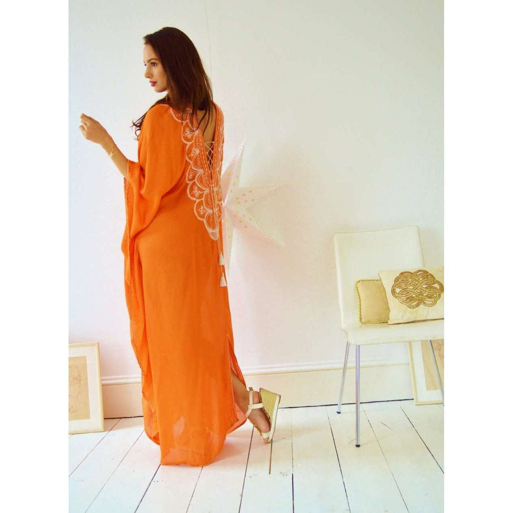 Autumn Orange Agadir Embroidery Beach Wedding Gown Moroccan Kaftan - Maison De Marrakech