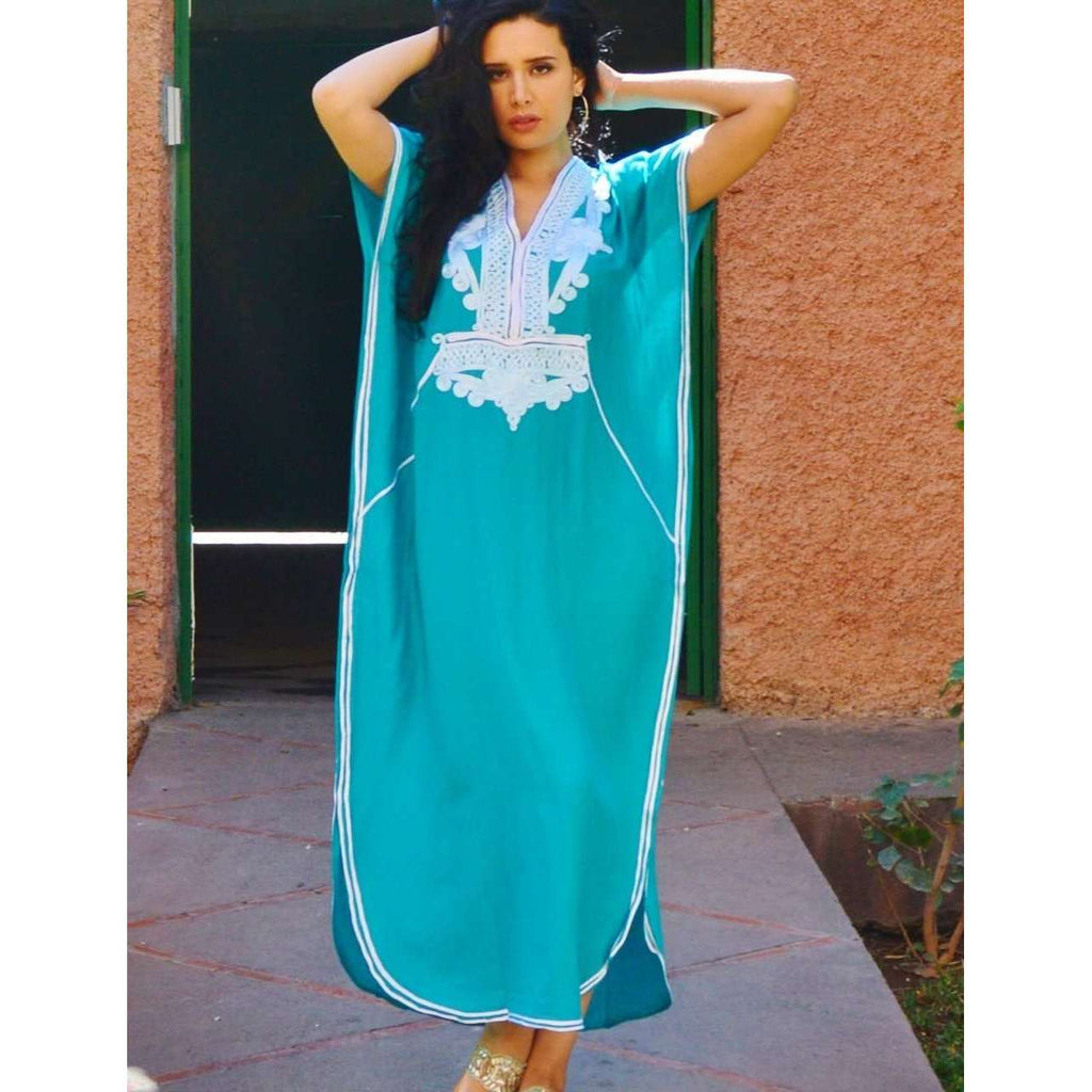 Emerald Green Marrakech Resort Lounge Wear Caftan Kaftan with White Embroidery - Maison De Marrakech