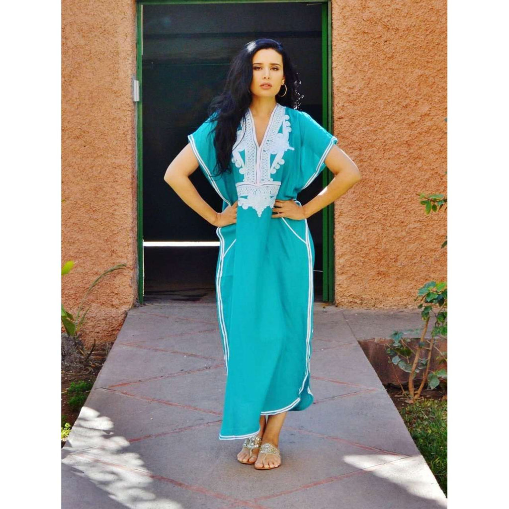 Emerald Green Marrakech Resort Lounge Wear Caftan Kaftan with White Embroidery - Maison De Marrakech