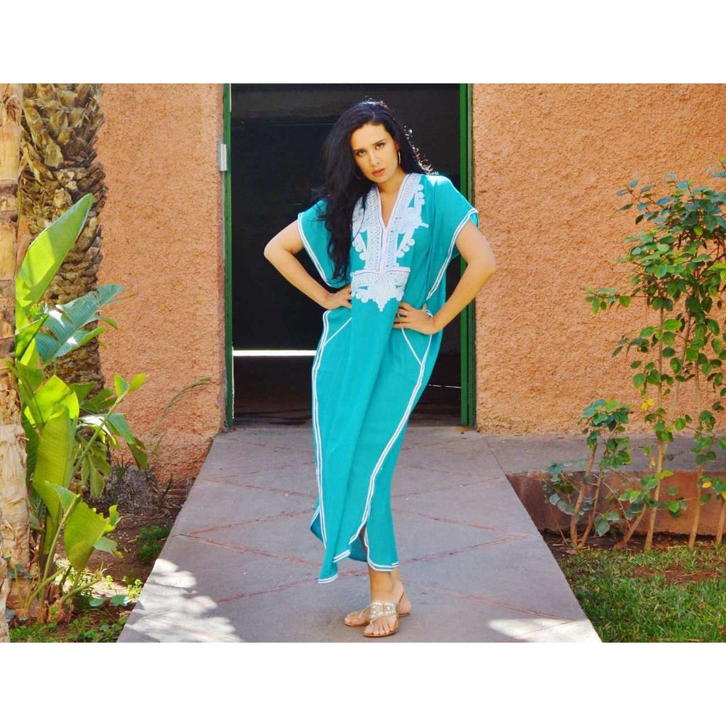 Emerald Green Marrakech Resort Lounge Wear Caftan Kaftan with White Embroidery - Maison De Marrakech