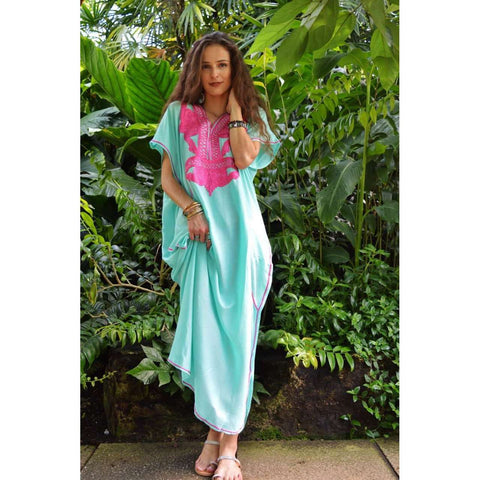 Emerald Green Marrakech Resort Lounge Wear Caftan Kaftan with Pink Embroidery - Maison De Marrakech