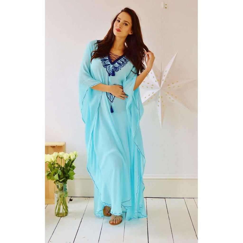 Light Blue Embroidery Resort Caftan Kaftan -beach cover up - Maison De Marrakech