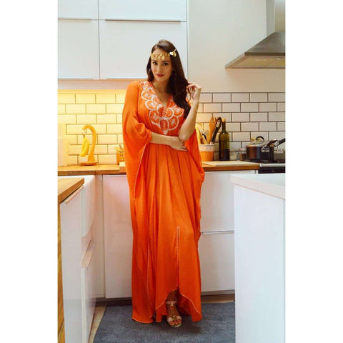 Autumn Orange Agadir Embroidery Beach Wedding Gown Moroccan Kaftan - Maison De Marrakech