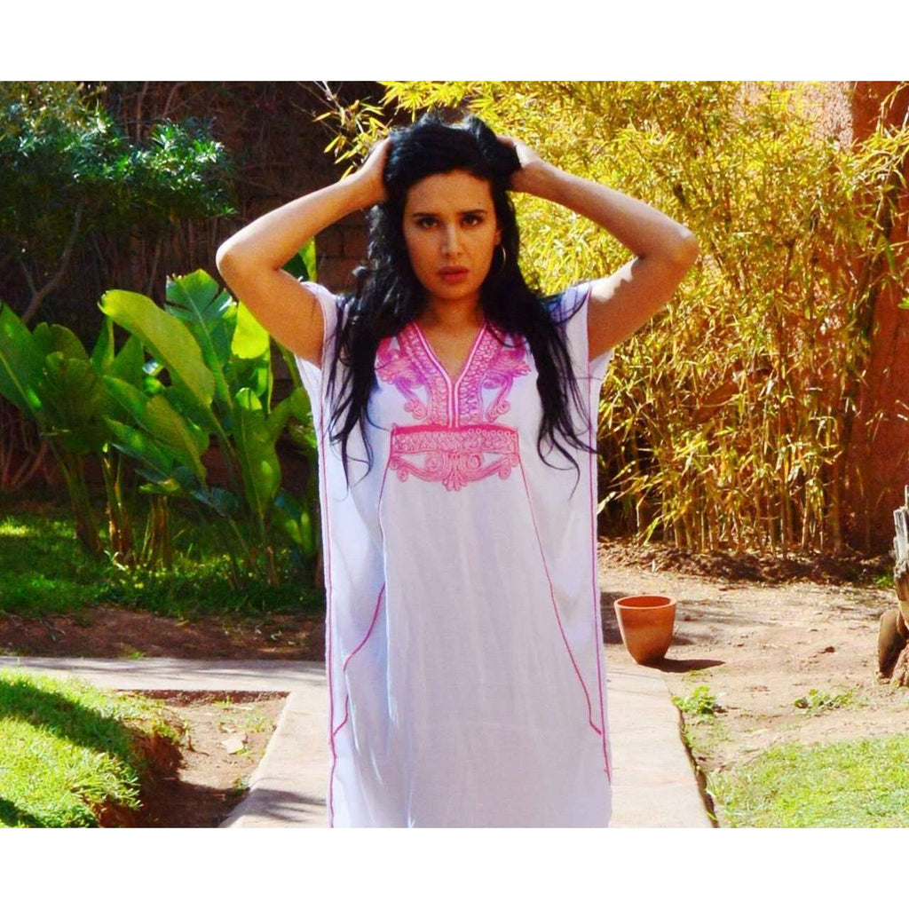 White with Pink Marrakech Short Resort Kaftan- beach kaftan - Maison De Marrakech