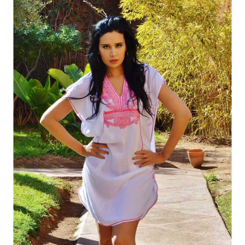 White with Pink Marrakech Short Resort Kaftan- beach kaftan - Maison De Marrakech
