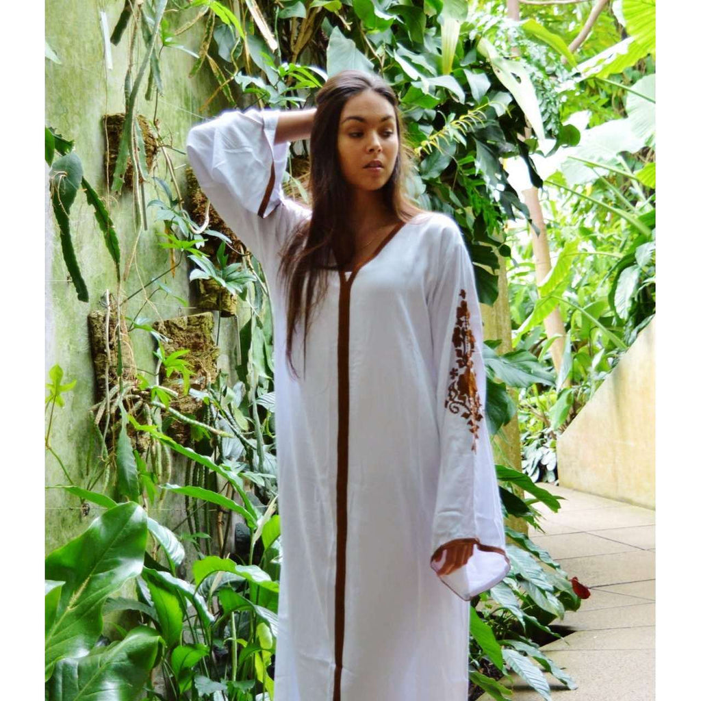 White Beige Floral Moroccan Embroidery Kaftan- Rose - Maison De Marrakech