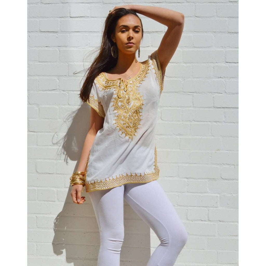 Asmahan Style White with Gold Embroidery Tunic - Maison De Marrakech