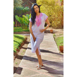 White Resort Marwa Lounge Wear Caftan Kaftan with Pink Embroidery - Maison De Marrakech