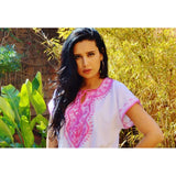 White Resort Marwa Lounge Wear Caftan Kaftan with Pink Embroidery - Maison De Marrakech