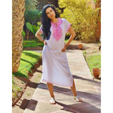 White Resort Marwa Lounge Wear Caftan Kaftan with Pink Embroidery - Maison De Marrakech