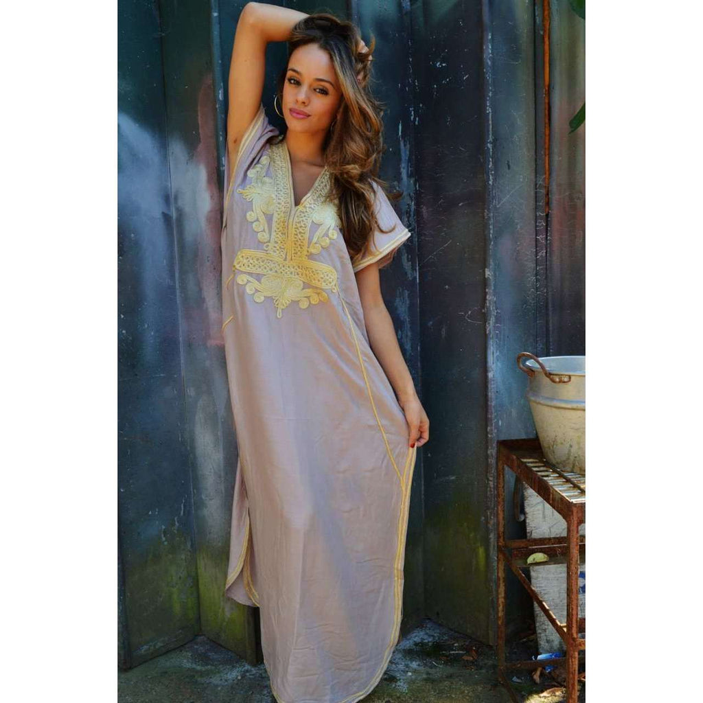 Beige Marrakech Resort Lounge Wear Caftan Kaftan with Gold Embroidery - Maison De Marrakech