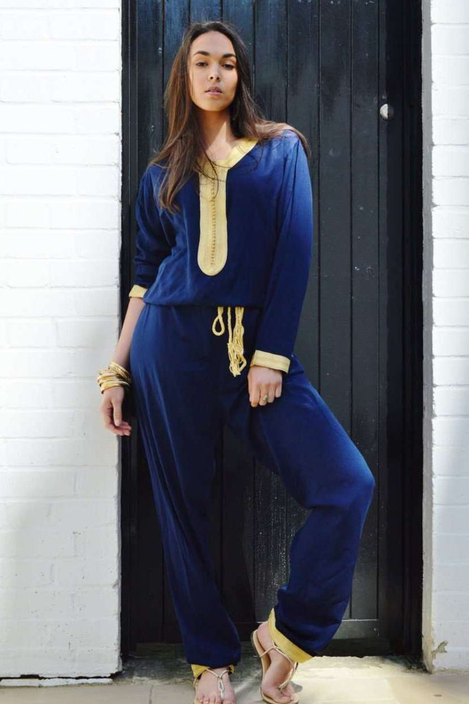 Marrakech Navy Blue Kara Jumpsuit-Embroidered Jumpsuit - Maison De Marrakech