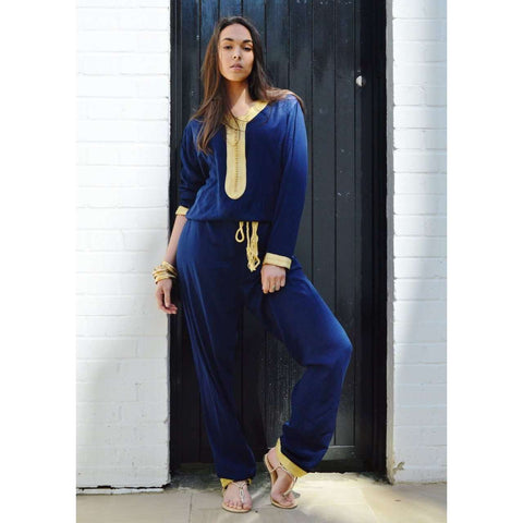 Marrakech Navy Blue Kara Jumpsuit-Embroidered Jumpsuit - Maison De Marrakech