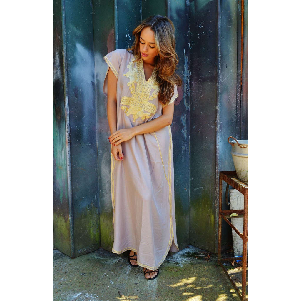 Beige Marrakech Resort Lounge Wear Caftan Kaftan with Gold Embroidery - Maison De Marrakech