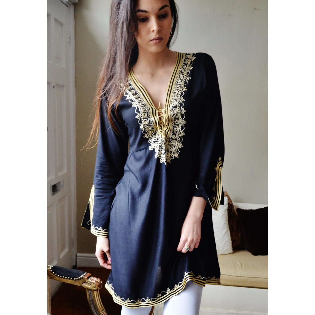 Black with Gold Embroidery Tunic- Autumn Moroccan Boho Tunic - Maison De Marrakech