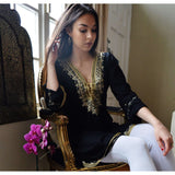 Black with Gold Embroidery Tunic- Autumn Moroccan Boho Tunic - Maison De Marrakech
