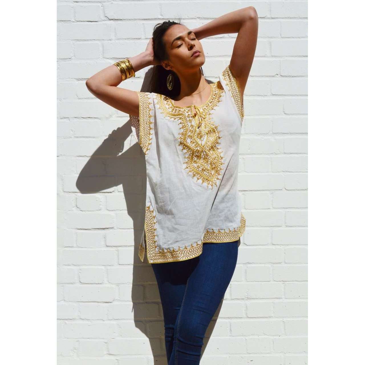 Asmahan Style White With Gold Embroidery Tunic Maison De Marrakech asmahan-style-white-with-gold-embroidery-tunic-maison-de-marrakech