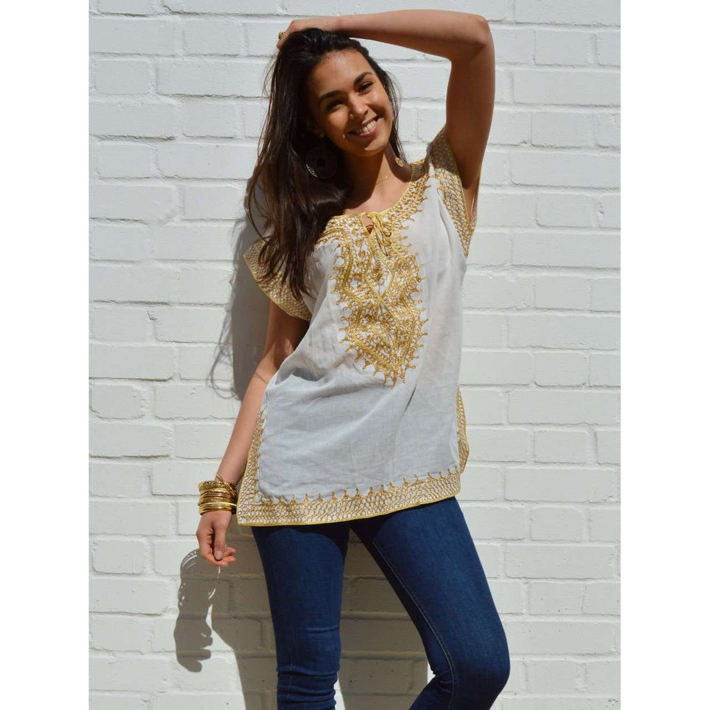 Asmahan Style White with Gold Embroidery Tunic - Maison De Marrakech