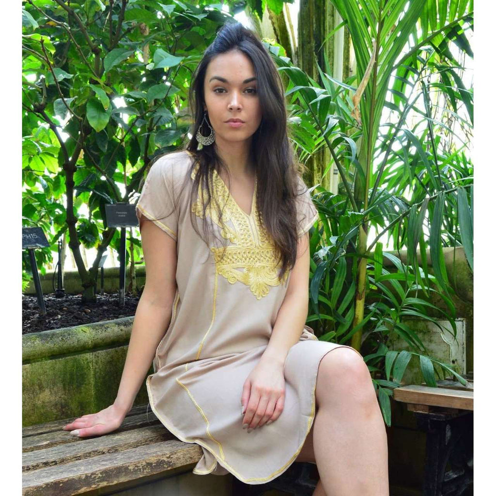 Beige Marrakech Resort Lounge Wear Short Tunic Caftan Kaftan with Gold Embroidery - Maison De Marrakech