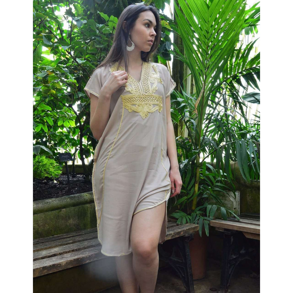 Beige Marrakech Resort Lounge Wear Short Tunic Caftan Kaftan with Gold Embroidery - Maison De Marrakech