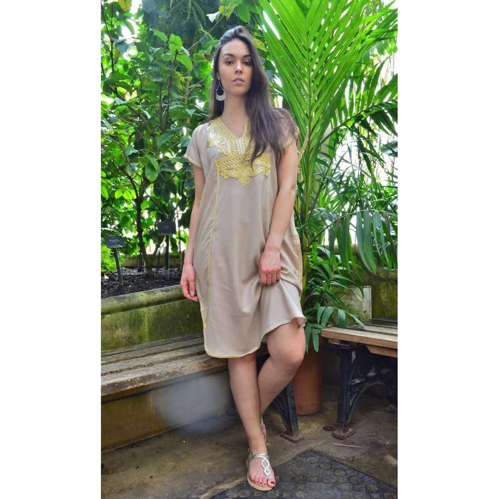 Beige Marrakech Resort Lounge Wear Short Tunic Caftan Kaftan with Gold Embroidery - Maison De Marrakech