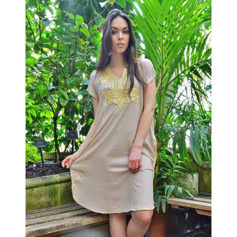 Beige Marrakech Resort Lounge Wear Short Tunic Caftan Kaftan with Gold Embroidery - Maison De Marrakech