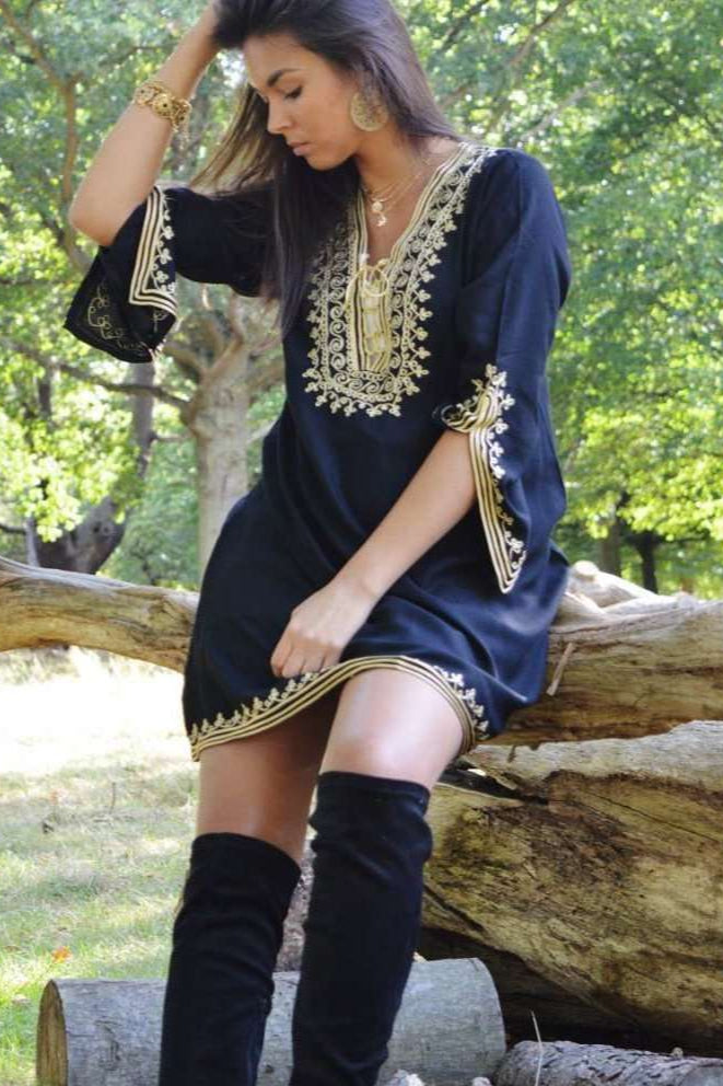 Black with Gold Embroidery Tunic- Autumn Moroccan Boho Tunic - Maison De Marrakech