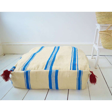 Moroccan White with Blue Kilim Pouf - Maison De Marrakech