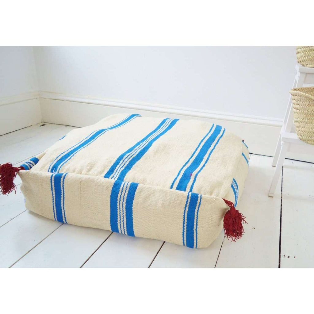 Moroccan White with Blue Kilim Pouf - Maison De Marrakech