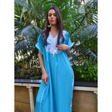 Turquoise Blue Marrakech Resort Lounge Wear Caftan Kaftan with White Embroidery-Moroccan Kaftan - Maison De Marrakech