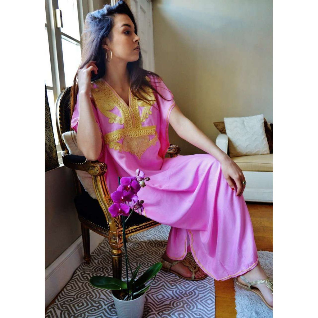 Pink Marrakech Resort Lounge Wear Caftan Kaftan with Gold Embroidery - Maison De Marrakech
