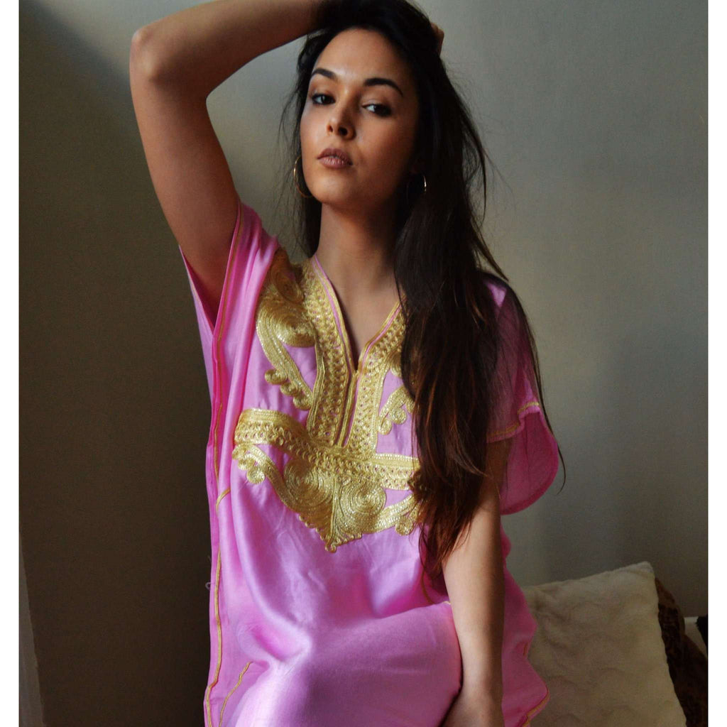 Pink Marrakech Resort Lounge Wear Caftan Kaftan with Gold Embroidery - Maison De Marrakech